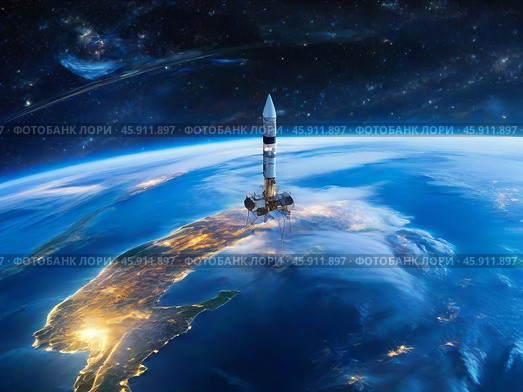 Night view of the Earth from a satellite. Space. Planet in the universe. April 12 - Cosmonautics Day. Стоковое AI-изображение, AI-художник Сергей Елизарьев / Фотобанк Лори