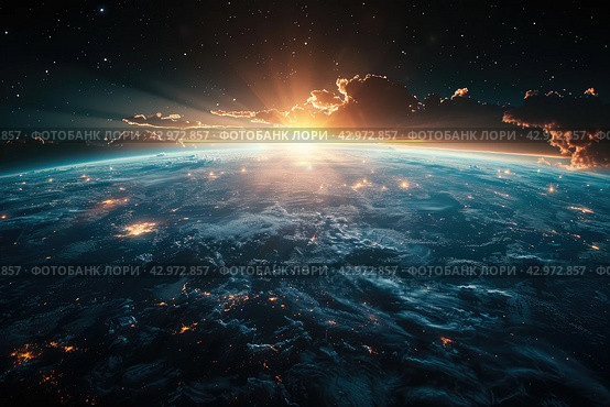 Nightly planet Earth in dark outer space. Civilization. Elements of this image furnished by NASA. Стоковое AI-изображение, AI-художник Ирина Михайличенко / Фотобанк Лори