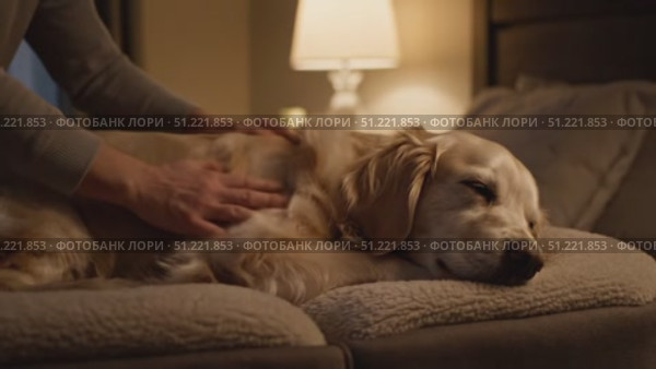 Nighttime warmth illuminating tender hand softly petting relaxed golden retriever resting quietly on plush sofa, expressing deep emotional connection. Стоковое AI-видео, аниматор Юрий Поздников / Фотобанк Лори