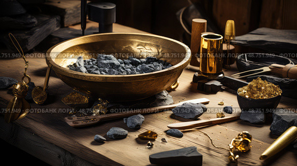 ning pan for gold ai generated. Стоковое AI-изображение, AI-художник Vectorwin / Фотобанк Лори