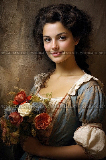 Nostalgia for old Paris: Acryl photo effect of young French woman with flowers, 18th century. Стоковое AI-изображение, AI-художник Veniamin Kraskov / Фотобанк Лори