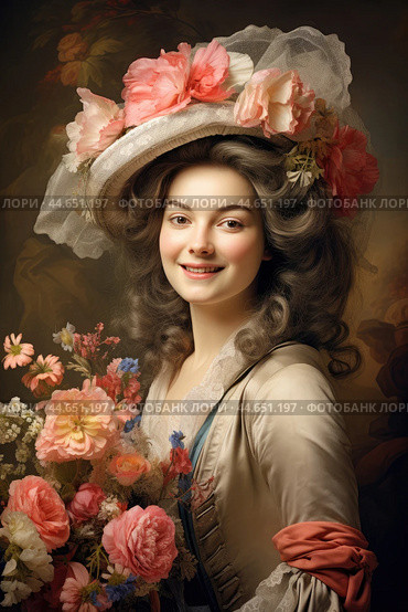 Nostalgia for old Paris: Acryl photo effect of young French woman with flowers, 18th century. Стоковое AI-изображение, AI-художник Veniamin Kraskov / Фотобанк Лори