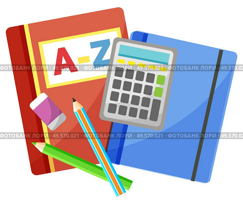 Notebook and pencil with eraser, calculator sign. Mathematical equipment, counting objects, geometry or algebra element, office accessory, school vector. Back to school concept. Flat cartoon. Office Accessory, Notebook and Calculator Vector. Стоковая иллюстрация, агентство Ingram Publishing / Фотобанк Лори