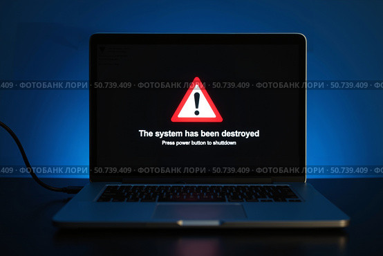 Ноутбук с ошибкой системы в тревожном стиле в темных тонах / A laptop with a system error in an alarming style in dark colors. Стоковое AI-изображение, AI-художник Валерий Лукин / Фотобанк Лори