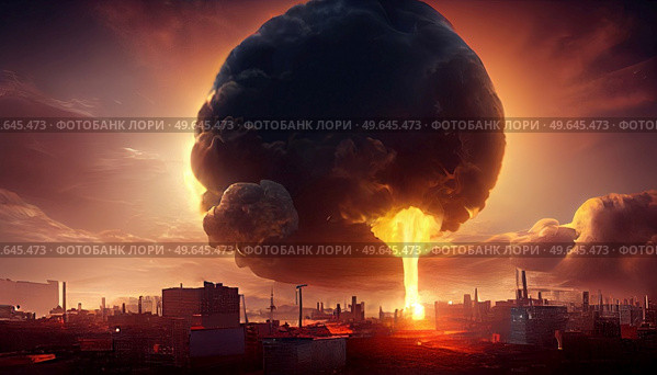 Nuclear bomb explosion, mushroom cloud over cityscape, 3D illustration. Nuclear bomb explosion. Стоковое фото, агентство Ingram Publishing / Фотобанк Лори