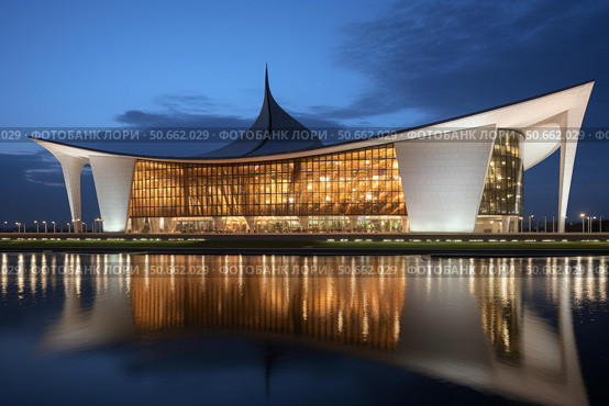 Nur sultan central concert hall reflecting on ishim river at twilight. Стоковое AI-изображение, AI-художник Иван Рябоконь / Фотобанк Лори