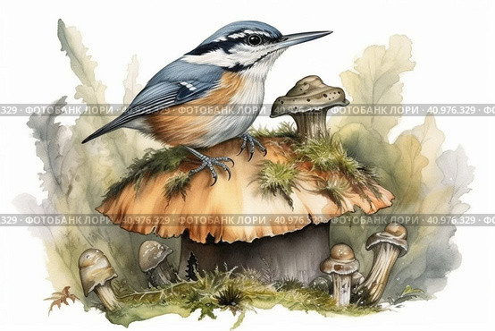 Nuthatch on a white background, watercolor style, Generative AI. Стоковое AI-изображение, AI-художник Анна Кривицкая / Фотобанк Лори