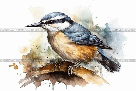 Nuthatch on a white background, watercolor style, Generative AI. Стоковое AI-изображение, AI-художник Анна Кривицкая / Фотобанк Лори