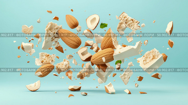 Nutritional still life composition of almonds and nougat in levitation on a light blue background, for culinary recipes, product presentation or conceptual snack illustration. Стоковое AI-изображение, AI-художник Данила Большаков / Фотобанк Лори