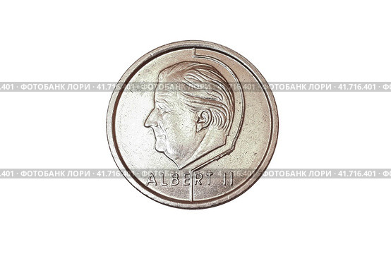 Obverse of Belgium coin 1 frank with portrait of king Albert II minted from 1994 till 2001. Isolated in white background. Аверс монеты 1 франк, Бельгия, портрет короля Альберта II. Стоковое фото, фотограф Александр Кузнецов / Фотобанк Лори