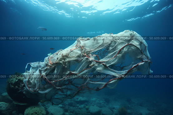Ocean pollution highlighted by entangled fishing net. Стоковое AI-изображение, AI-художник Иван Рябоконь / Фотобанк Лори