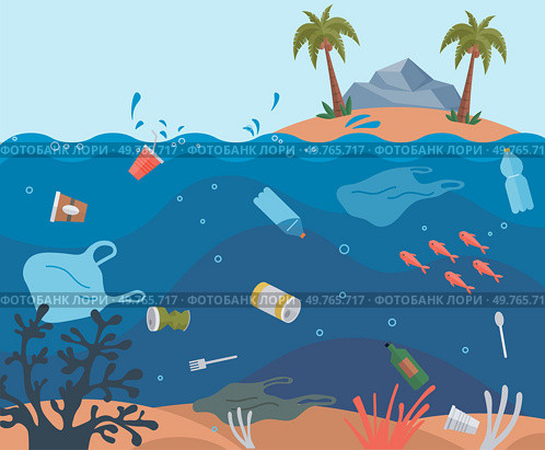 Ocean pollution vector illustration. The ocean pollution metaphor underscores urgency cleaning our seas The underwater ecosystem faces unprecedented challenges due to human-generated rubbish. Ocean pollution. Rubbish and garbage contaminate ocean, creating ecological crisis. Стоковая иллюстрация, агентство Ingram Publishing / Фотобанк Лори