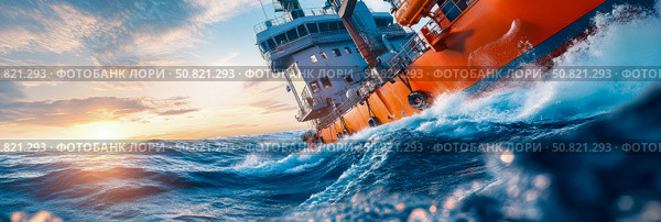 Ocean vessel at sea: Offshore support vessel ploughing through turbulent waters at sunrise, a symbol of strength and resilience, ideal for maritime themes. Стоковое AI-изображение, AI-художник Данила Большаков / Фотобанк Лори