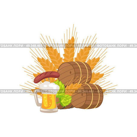 Octoberfest Poster with Wooden Background and Text. Isolated vector illustration of wooden casks, beer mug, fried sausage, green hop and wheat ear on white background, Oktoberfest or Octoberfest. Стоковая иллюстрация, агентство Ingram Publishing / Фотобанк Лори