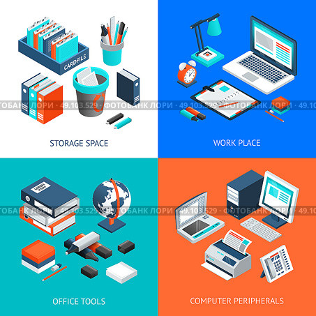 Office 2x2 Isometric Design Concept. Office 2x2 isometric design concept set with storage space work place office tools and computer peripherals on colorful backgrounds isolated vector illustration . Стоковое фото, агентство Ingram Publishing / Фотобанк Лори
