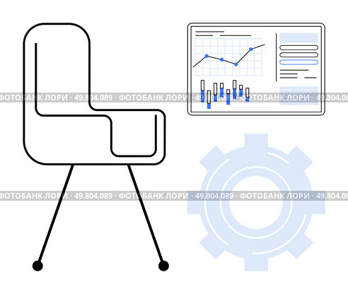 Office chair, gear icon, and data analysis chart with graphs and statistics. Ideal for business strategies, office setups, productivity tools, team collaboration, workflow management, data analysis. Office Chair, Gear Icon, and Data Analysis Chart Representing Office Productivity and Efficiency. Стоковая иллюстрация, агентство Ingram Publishing / Фотобанк Лори