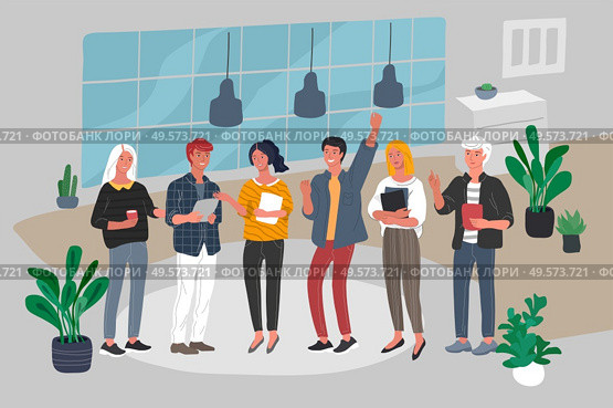 Office or coworking interior workers communicating. Group of young trendy people take brake at work or teamwork meeting. Startup company at workplace. Vector cartoon concept. Office or coworking interior workers communicating. Group of young people take brake at work or teamwork meeting. Startup company at workplace. Vector cartoon. Стоковая иллюстрация, агентство Ingram Publishing / Фотобанк Лори