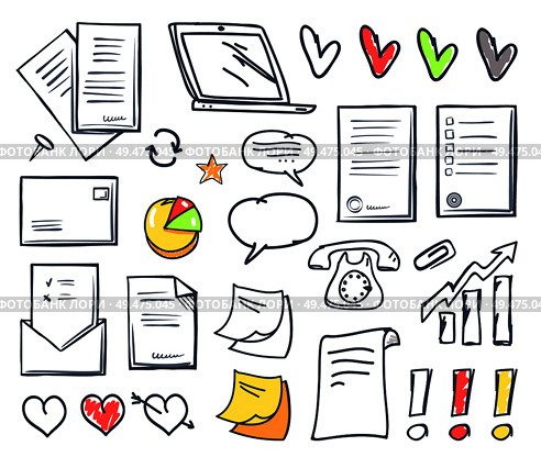 Office paper and hearts isolated icons vector. Pages and memo, notes and message in envelope, laptop screen and exclamation mark, increasing pointer. Office Paper and Hearts Isolated Icons Set Vector. Стоковая иллюстрация, агентство Ingram Publishing / Фотобанк Лори