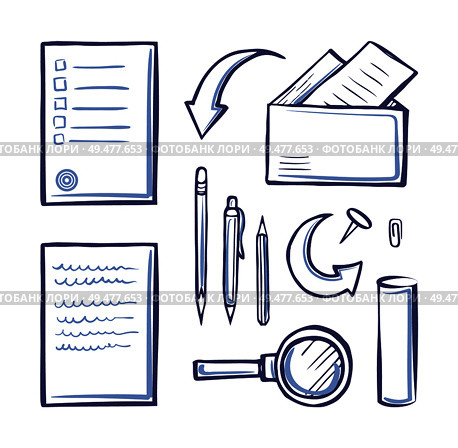 Office papers monochrome sketches outline icons set vector. Pencil and pen, magnifying glass and pages, documents in envelopes, messages and letters. Office Papers Monochrome Sketches Outline Vector. Стоковая иллюстрация, агентство Ingram Publishing / Фотобанк Лори