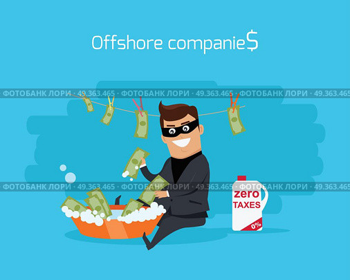Offshore Companies Concept Flat Design Vector. Offshore companies concept vector. Flat design. Financial crime, tax evasion, money laundering, political corruption illustration. Man in a business suit, in mask washes the money in bowl with water. Стоковая иллюстрация, агентство Ingram Publishing / Фотобанк Лори