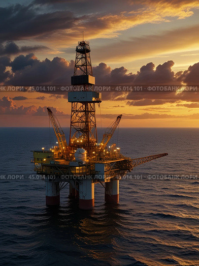 Offshore oil rig extracting oil against the backdrop of sunset. Стоковое AI-изображение, AI-художник Сергей Елизарьев / Фотобанк Лори