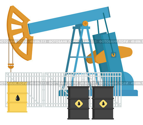 Oil industry equipment, Pumpjack and oil barrels, Overground drive for a reciprocating piston pump in an oil well. Working pumps and drilling rig, Combustible material container vector Illustration. Oil industry equipment, Pumpjack and oil barrels, Overground drive for a reciprocating piston pump. Стоковая иллюстрация, агентство Ingram Publishing / Фотобанк Лори