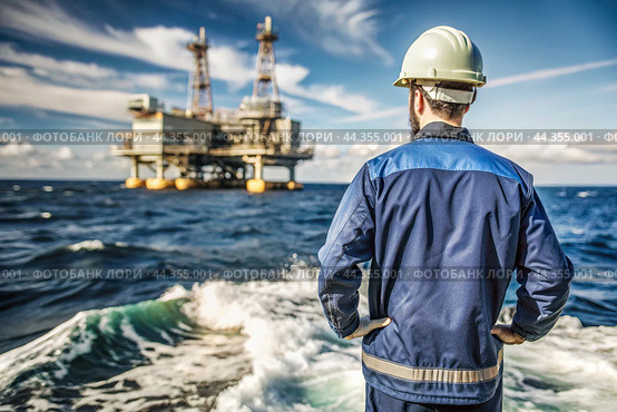 Oil production. An oil well and a man in work clothes and a construction helmet. Oil platform and industrial equipment. Difficult working conditions. Стоковое AI-изображение, AI-художник Photojuli / Фотобанк Лори