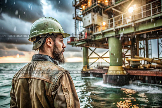 Oil production. An oil well and a man in work clothes and a construction helmet. Oil platform and industrial equipment. Difficult working conditions. Стоковое AI-изображение, AI-художник Photojuli / Фотобанк Лори