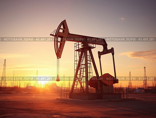 Oil pump in the desert on the background of the sunset sky. Generated by AI. Стоковое AI-изображение, AI-художник Ярославский Максим / Фотобанк Лори