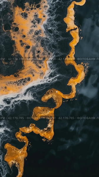 Oil spill on the surface of the reservoir. Стоковое AI-изображение, AI-художник Кирилл Черезов / Фотобанк Лори
