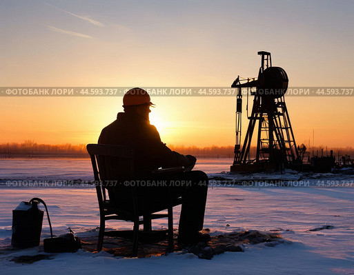 Oil worker resting after shift, near oil and gas drilling rig. Winter sunset. Стоковое AI-изображение, AI-художник Сергей Елизарьев / Фотобанк Лори