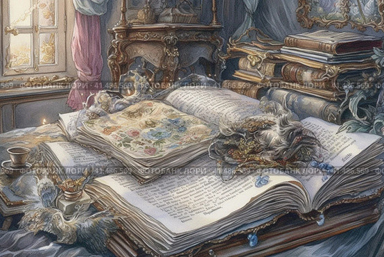Old ancient book, folio, illustration, watercolor style, Generative AI. Стоковое AI-изображение, AI-художник Анна Кривицкая / Фотобанк Лори