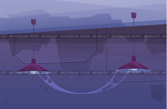 Old basement premise without windows at night. Modern ceiling lamp in cartoon style in dark mysterious room with cobweb. Chandelier hanging on cable with light on. An element of modern interior. Old basement premise without windows. Modern ceiling lamp in dark mysterious room with cobweb. Стоковая иллюстрация, агентство Ingram Publishing / Фотобанк Лори