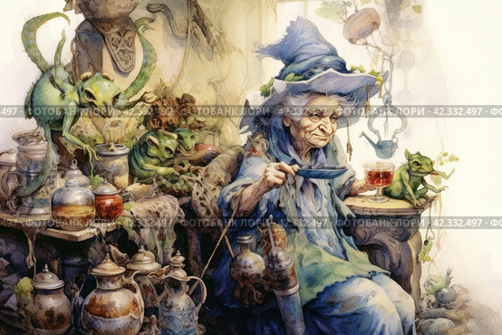 Old gray-haired woman witch brews a potion, watercolor, illustration, watercolor style, Generative AI. Стоковое AI-изображение, AI-художник Анна Кривицкая / Фотобанк Лори