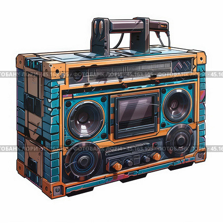 Old hipster boombox playing music with antenna up. Стоковое AI-изображение, AI-художник Иван Рябоконь / Фотобанк Лори