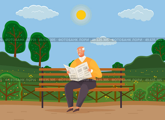 Old man with glasses sitting and reading newspaper on bench in park. Retiree elderly male character spends time in nursing home. Grandfather resting, reading news enjoying good day in city garden. Old man with glasses sitting and reading newspaper on bench in city garden with green trees. Стоковая иллюстрация, агентство Ingram Publishing / Фотобанк Лори