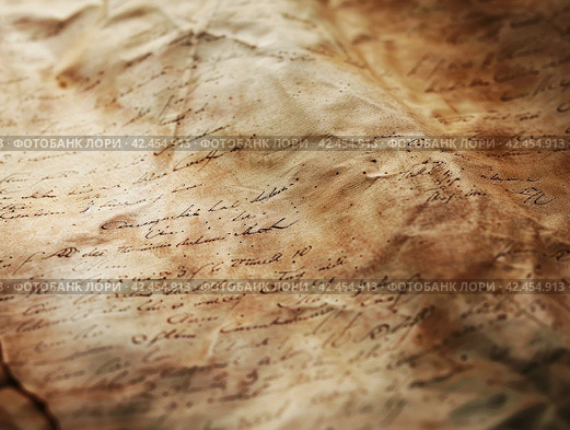 Old parchment paper with illegible writing on it,    Generative AI. Стоковое AI-изображение, AI-художник Анна Кривицкая / Фотобанк Лори