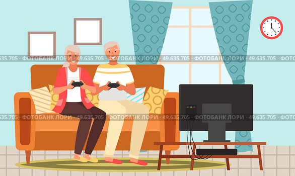 Old people play video game. Modern senior people gadgets. Oldster education computer. Old progressive use modern technology. Learning to use PC. Elderly couple gadgets. Aging parents video conference. Old people play video game. Senior people with different gadgets. Oldster education on computer. Стоковая иллюстрация, агентство Ingram Publishing / Фотобанк Лори