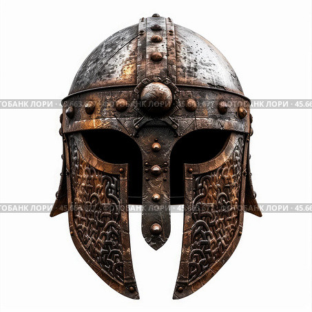 Old rusty metal helmet showing celtic knotwork and rivets isolated on white background. Стоковое AI-изображение, AI-художник Иван Рябоконь / Фотобанк Лори