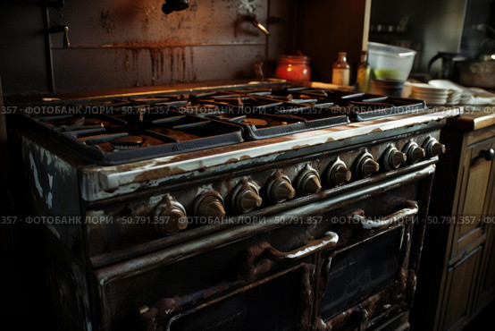 Old rusty stove showing signs of neglect in messy kitchen. Стоковое AI-изображение, AI-художник Иван Рябоконь / Фотобанк Лори