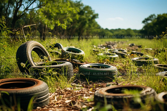 Old rusty tires are dumped among the grass. ,Generative AI. Стоковое AI-изображение, AI-художник Анна Кривицкая / Фотобанк Лори