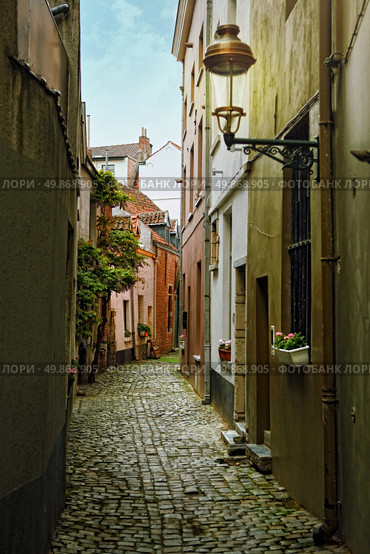 Old street with flowers in Brussels, Belgium. Стоковое фото, агентство Ingram Publishing / Фотобанк Лори