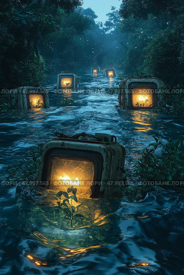 Old televisions emit a warm glow as they partially submerge in a tranquil forest stream, surrounded by greenery during twilight hours. Стоковое AI-изображение, AI-художник Данила Большаков / Фотобанк Лори