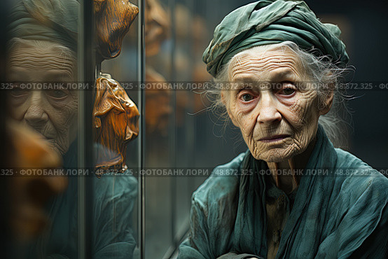 Old woman, adorned in a turban, gazes introspectively into a mirror, reflecting on her journey and embracing the wisdom of her years. Стоковое AI-изображение, AI-художник Данила Большаков / Фотобанк Лори