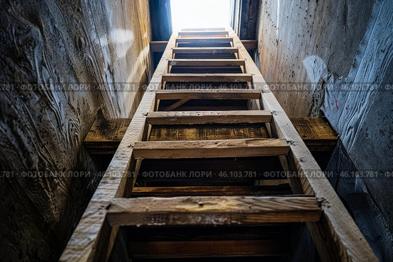 Old wooden ladder leading to bright light in dark room. Стоковое AI-изображение, AI-художник Иван Рябоконь / Фотобанк Лори