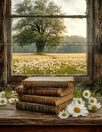 Old worn books lie in a pile on the table in front of the window, summer landscape. Стоковое AI-изображение, AI-художник Сергей Елизарьев / Фотобанк Лори