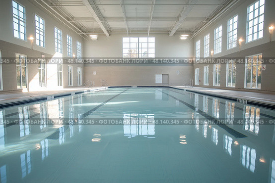 Olympic-Sized Swimming Pool, Vast Aquatic Arena for Professional Training. Бассейн олимпийского размера, огромная водная арена для профессиональных тренировок. Стоковое AI-изображение, AI-художник Katsiaryna Repich / Фотобанк Лори