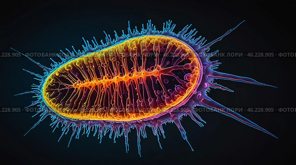 one bacteriao of Mycoplasma pheumoniama. Microscopic View Reveals Vibrant Details of a Bacterium in Captivating Color at the Cellular Scale. Стоковое AI-изображение, AI-художник Оксана Медведева / Фотобанк Лори