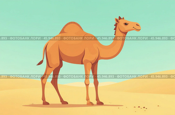 One-humped camel stands on desert sand. Arid Terrain. AI Generative. Стоковое AI-изображение, AI-художник Spirit River / Фотобанк Лори
