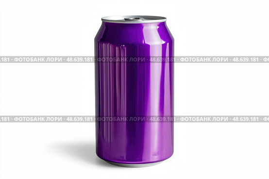 One purple aluminum can of soda isolate on white background. Front view. Recycle metal can mock-up, template. Beer, carbonated water, cola, energy drinks can isolated with shadow. Recycling. Closeup. Стоковое AI-изображение, AI-художник Марина Демидюк / Фотобанк Лори